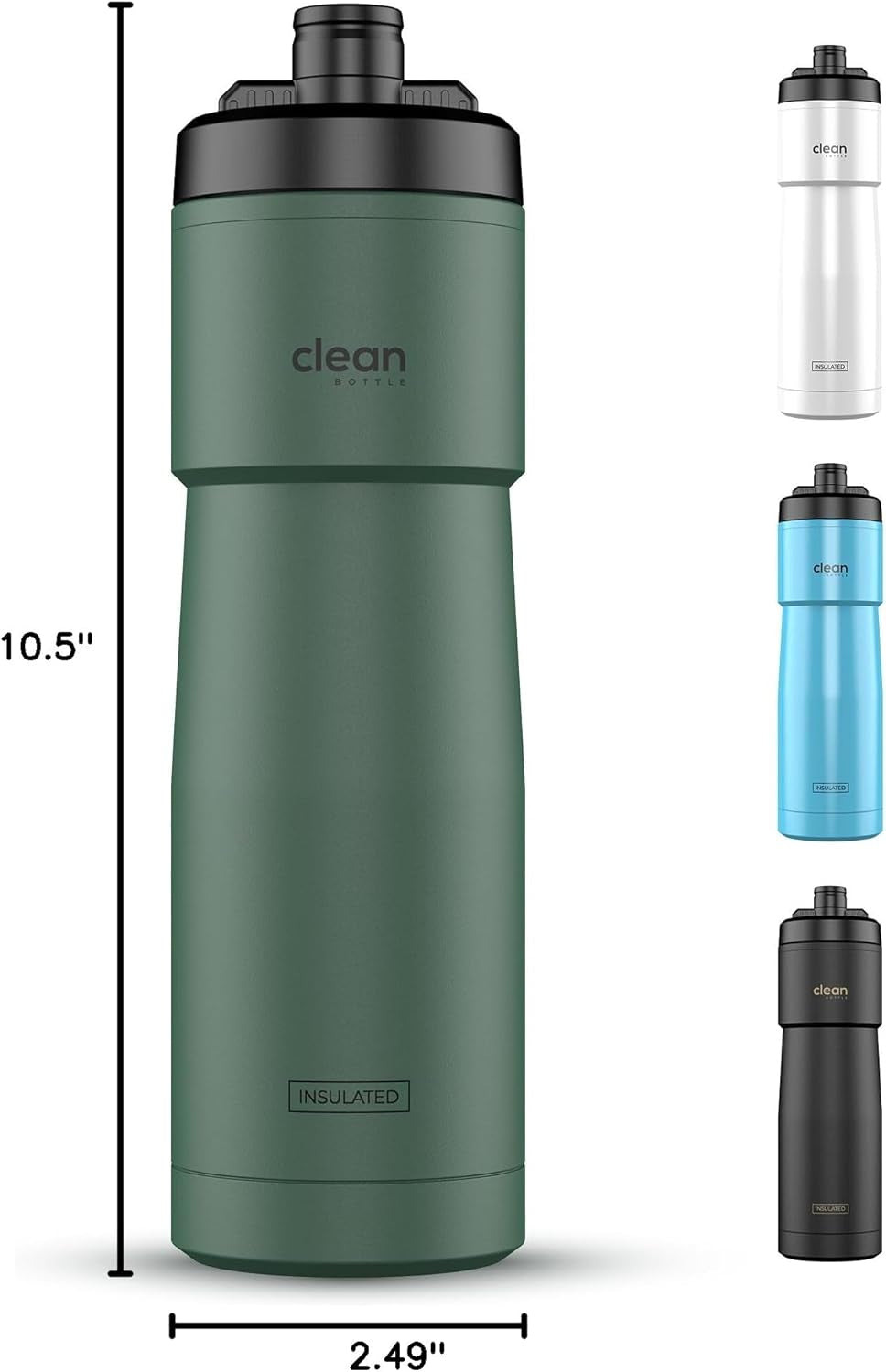 The Clean Hydration Co Insulated Bike Water Bottle | Easy Clean Nozzle, Easy Squeeze | Cycling Running Fitness Water Bottle | Gym Sport Bottle | Sport 23 Oz | Matte Black (Black) (Green, 23 Oz)