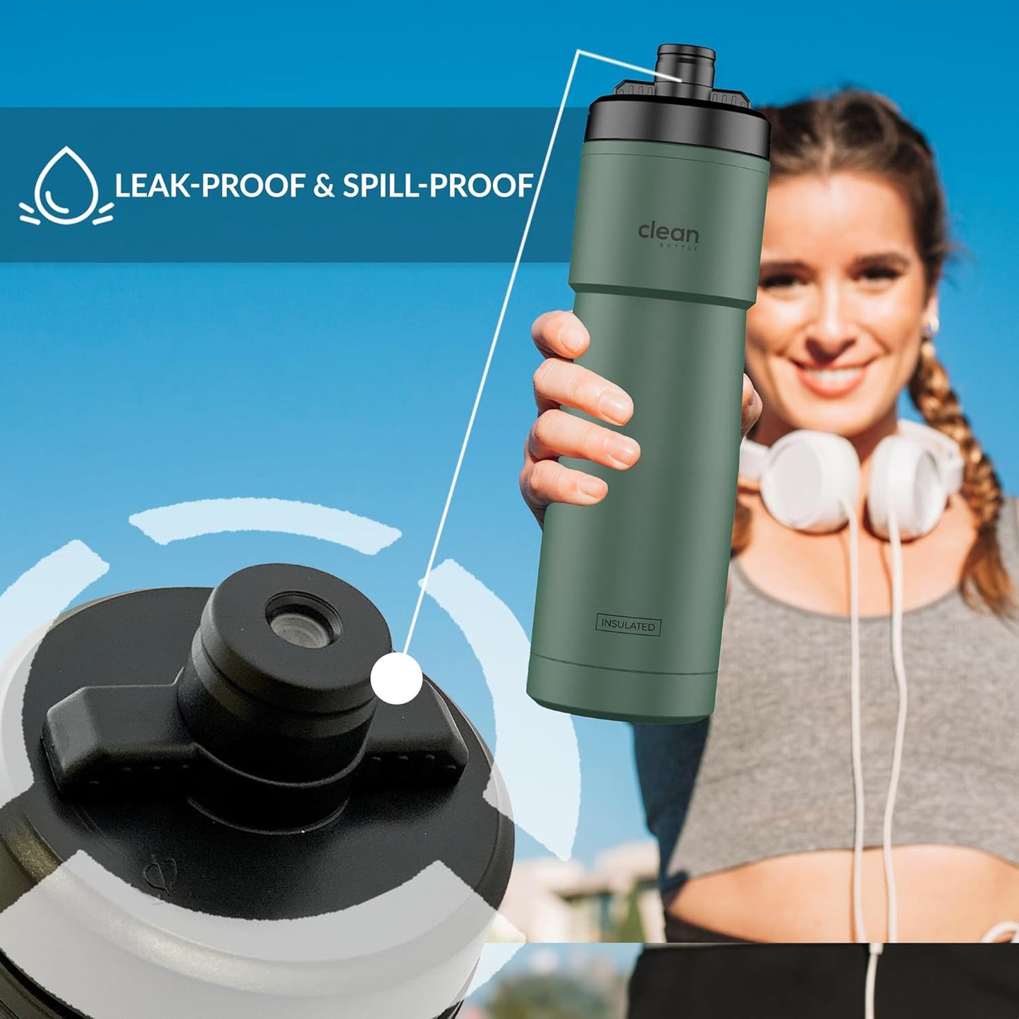 The Clean Hydration Co Insulated Bike Water Bottle | Easy Clean Nozzle, Easy Squeeze | Cycling Running Fitness Water Bottle | Gym Sport Bottle | Sport 23 Oz | Matte Black (Black) (Green, 23 Oz)