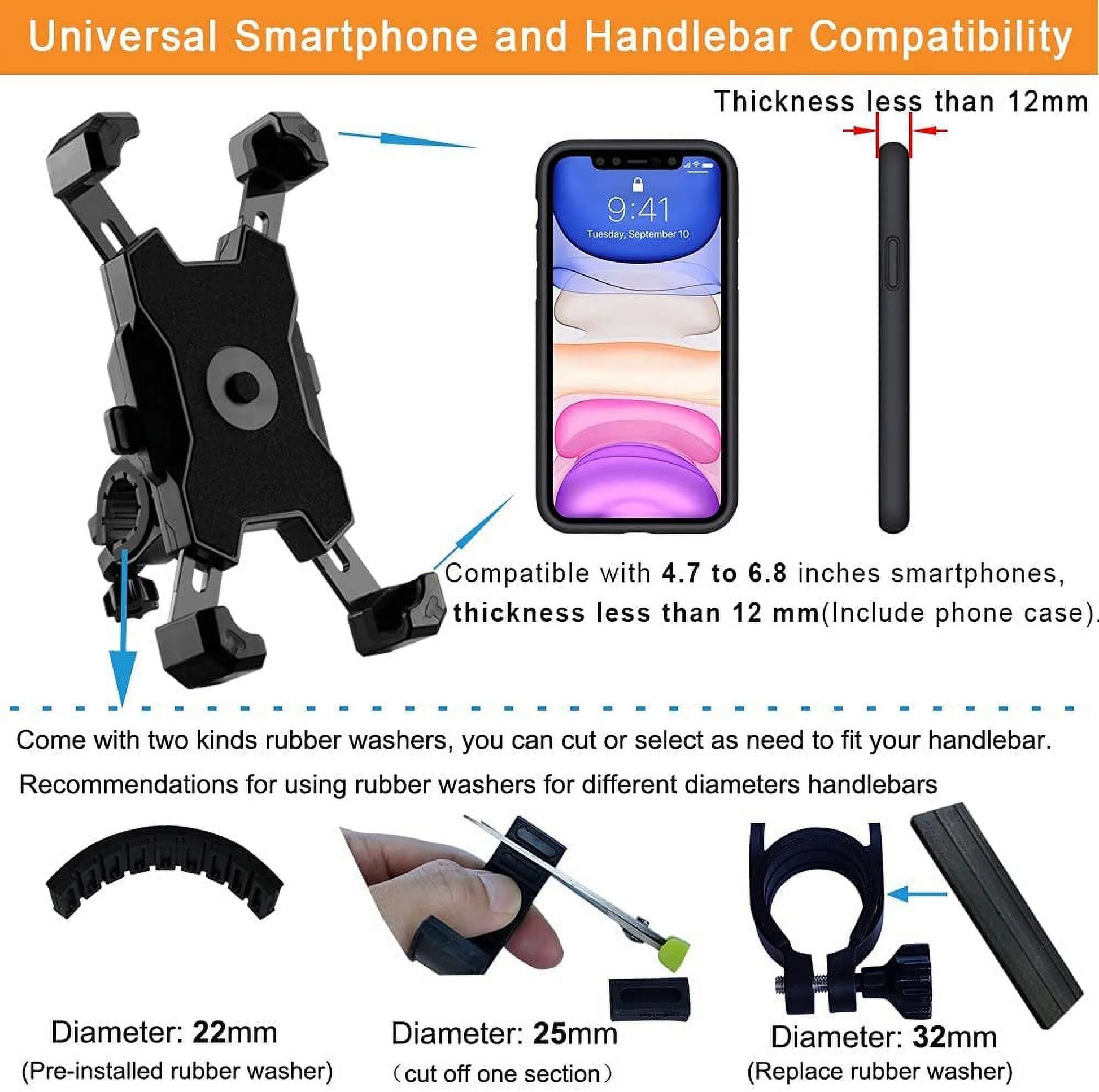Bike Phone Mount, Easy Install and Quick Release Bicycle -Handlebar Clip for Bicycle Scooter-Motorcycle Handlebar Phone Mount, Bike Phone Holder for Iphone and More 4.7-6.8 Inch Cell Phone (Black)