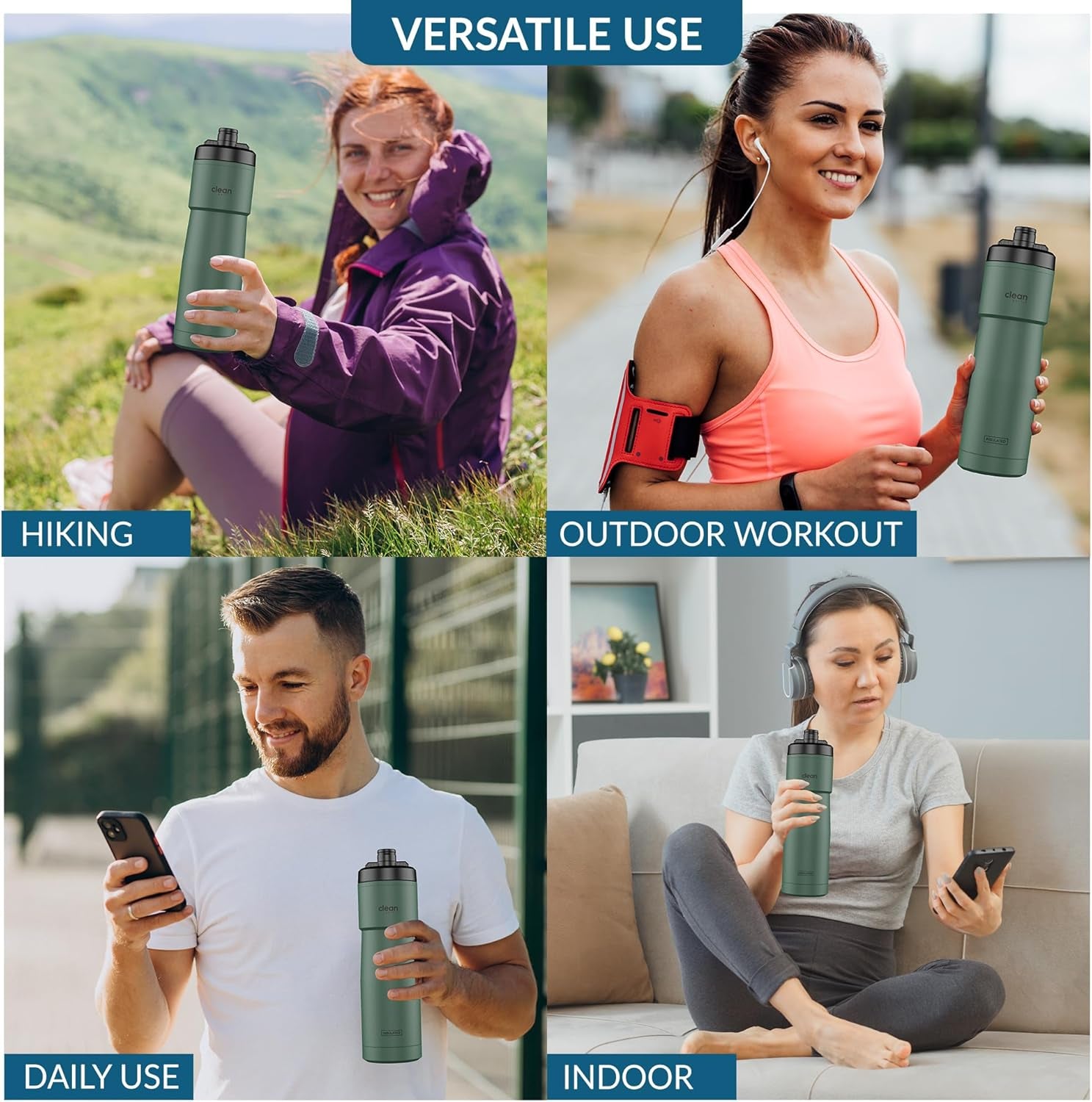 The Clean Hydration Co Insulated Bike Water Bottle | Easy Clean Nozzle, Easy Squeeze | Cycling Running Fitness Water Bottle | Gym Sport Bottle | Sport 23 Oz | Matte Black (Black) (Green, 23 Oz)