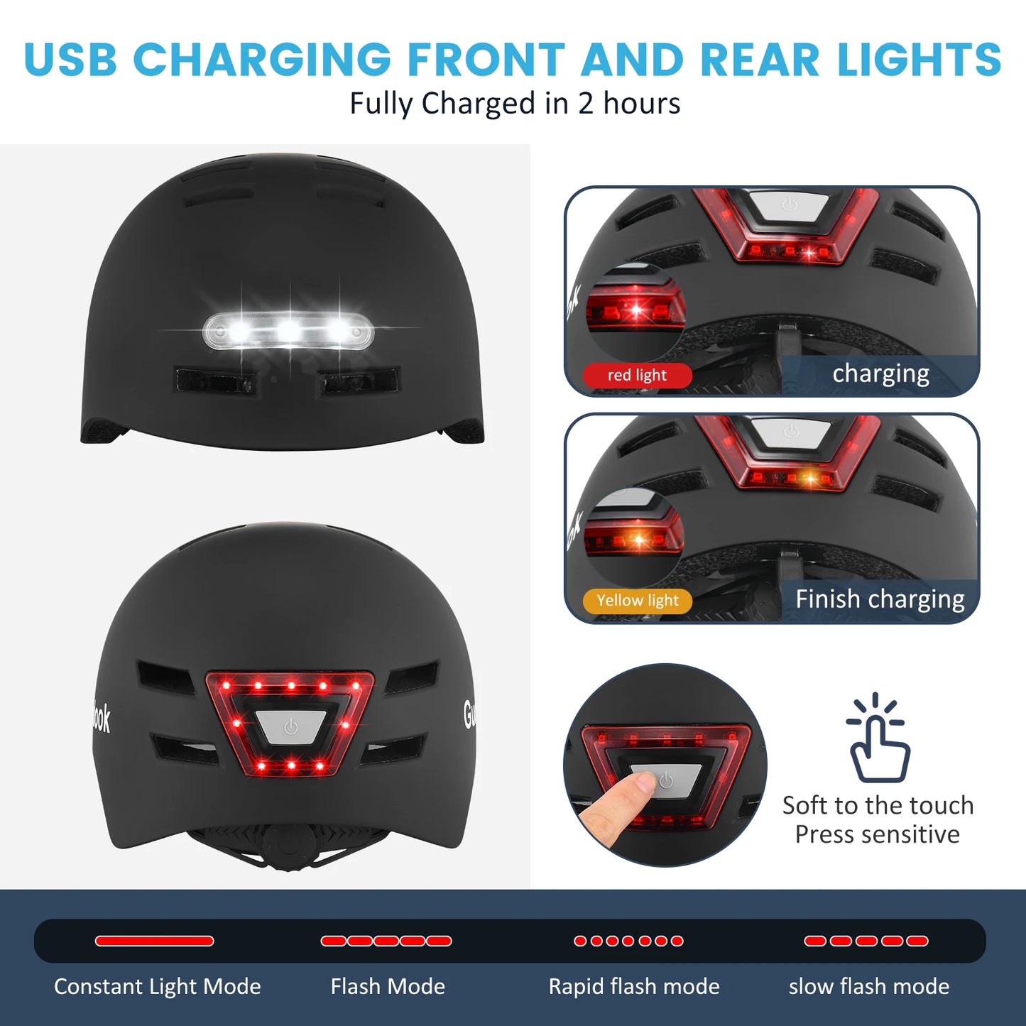 LED Safety Bike Helmet with Front & Rear Lights - USB Rechargeable