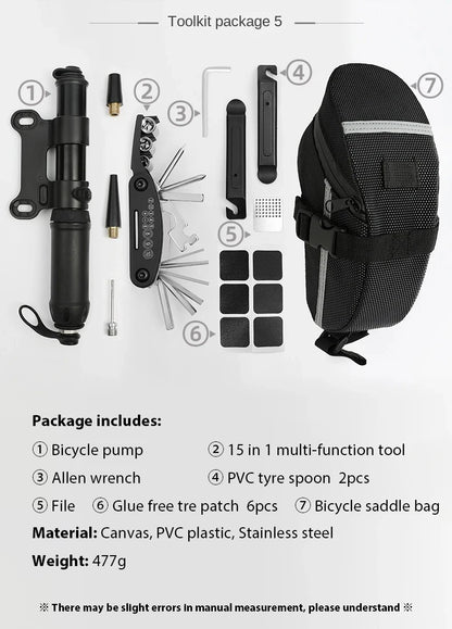 Portable Bike Repair Kit - Complete Multi-Tool Set with Saddle Bag