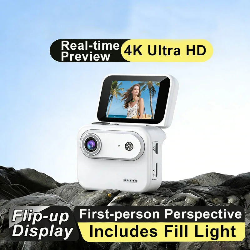 Compact Vlog Camera with Flip Screen - 4K Action Cam for Cycling
