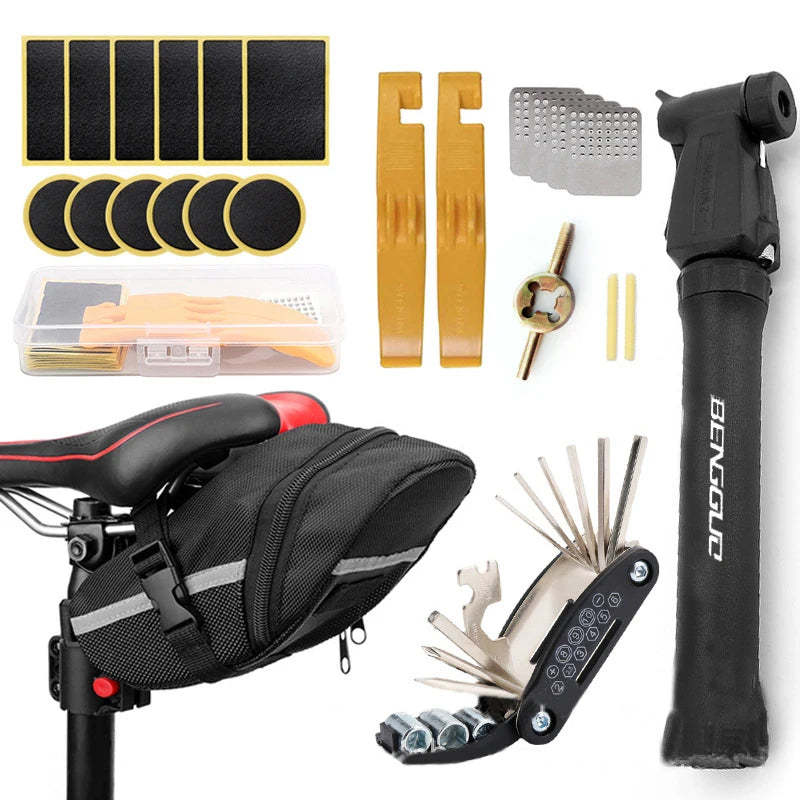 Portable Bike Repair Kit - Complete Multi-Tool Set with Saddle Bag