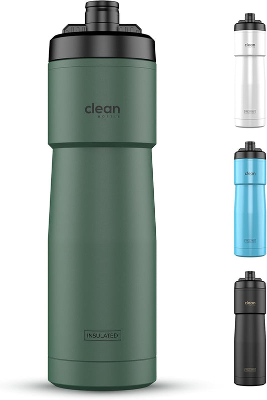 The Clean Hydration Co Insulated Bike Water Bottle | Easy Clean Nozzle, Easy Squeeze | Cycling Running Fitness Water Bottle | Gym Sport Bottle | Sport 23 Oz | Matte Black (Black) (Green, 23 Oz)