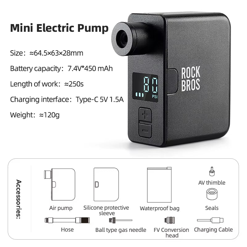 Portable Mini Electric Bicycle Pump 120PSI Type-C Bike Tire Air Inflator Pump MTB Road AV FV Valve Cycling Pump