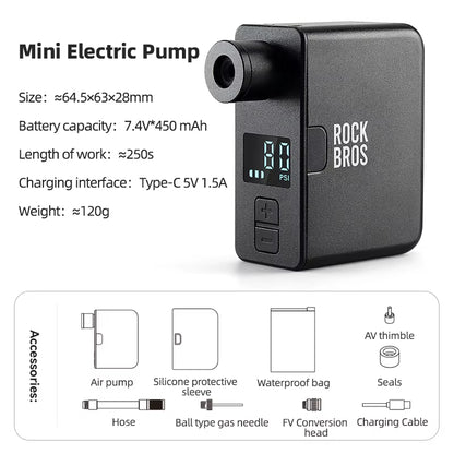 Portable Mini Electric Bicycle Pump 120PSI Type-C Bike Tire Air Inflator Pump MTB Road AV FV Valve Cycling Pump