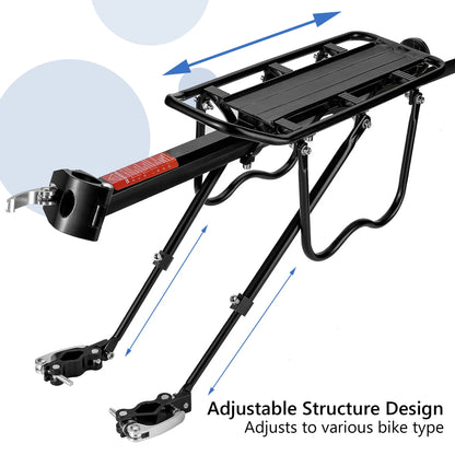 Heavy-Duty Bicycle Rear Luggage Rack -Quick Release, Light Logo, Universal Adjustable for Mountain/Road Bikes - Black