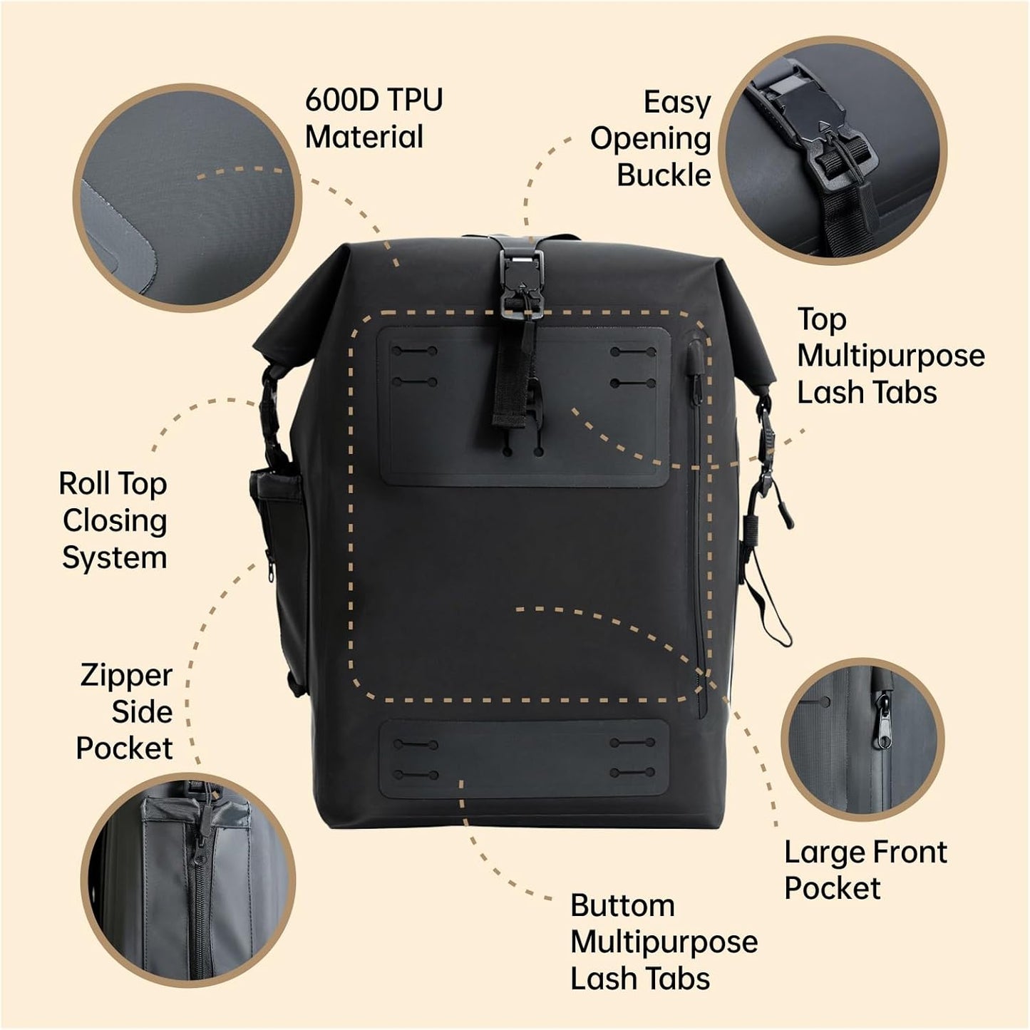 Black Waterproof Backpack 25L - 600D TPU Durable IPX8 Large Dry Bag for Kayaking, Hiking Dry Bag with Roll-Top Closure, Floating Waterproof Dry Backpack for Travel Outdoors, Hiking, Fishing