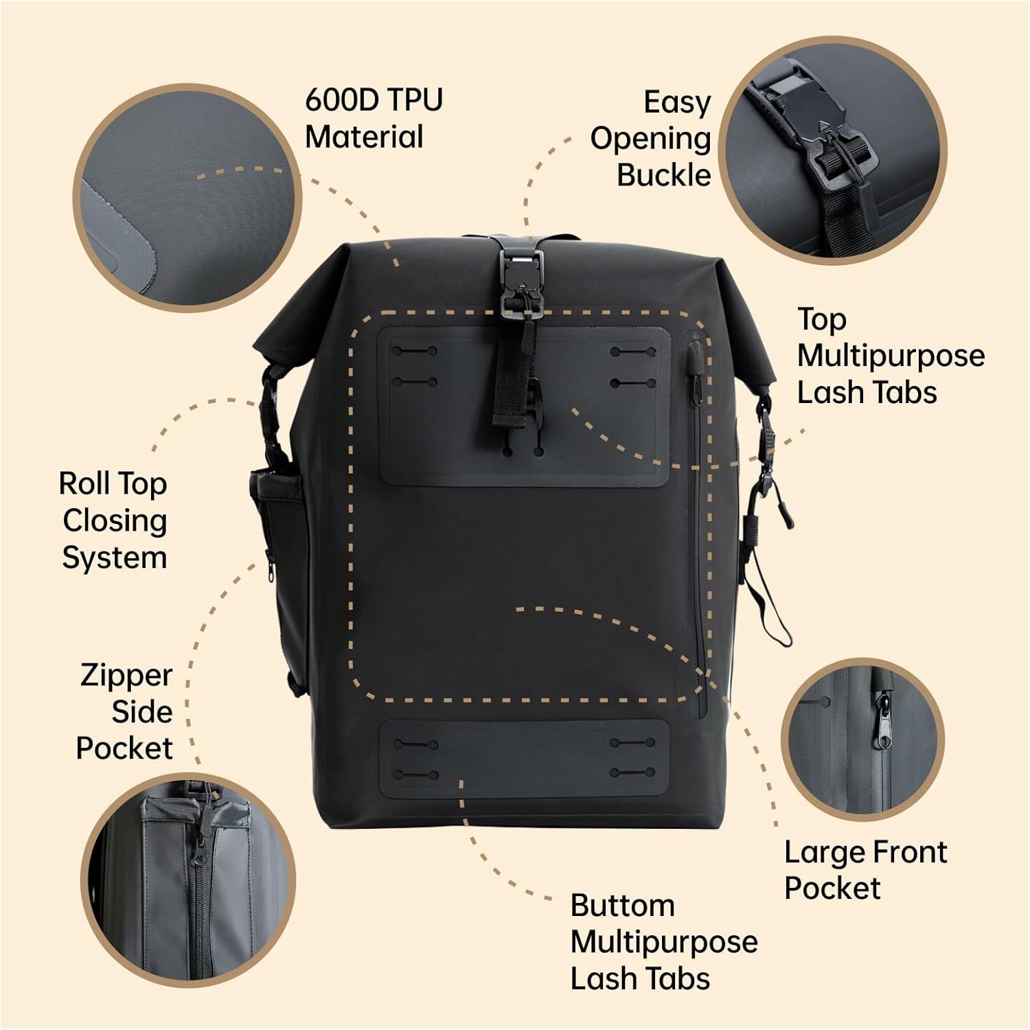 Black Waterproof Backpack 25L - 600D TPU Durable IPX8 Large Dry Bag for Kayaking, Hiking Dry Bag with Roll-Top Closure, Floating Waterproof Dry Backpack for Travel Outdoors, Hiking, Fishing