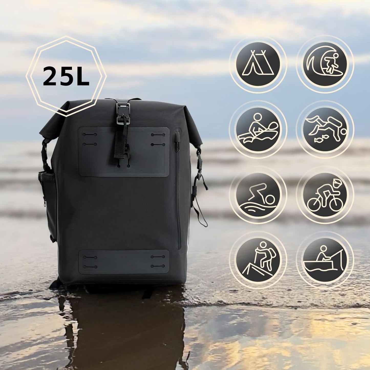 Black Waterproof Backpack 25L - 600D TPU Durable IPX8 Large Dry Bag for Kayaking, Hiking Dry Bag with Roll-Top Closure, Floating Waterproof Dry Backpack for Travel Outdoors, Hiking, Fishing