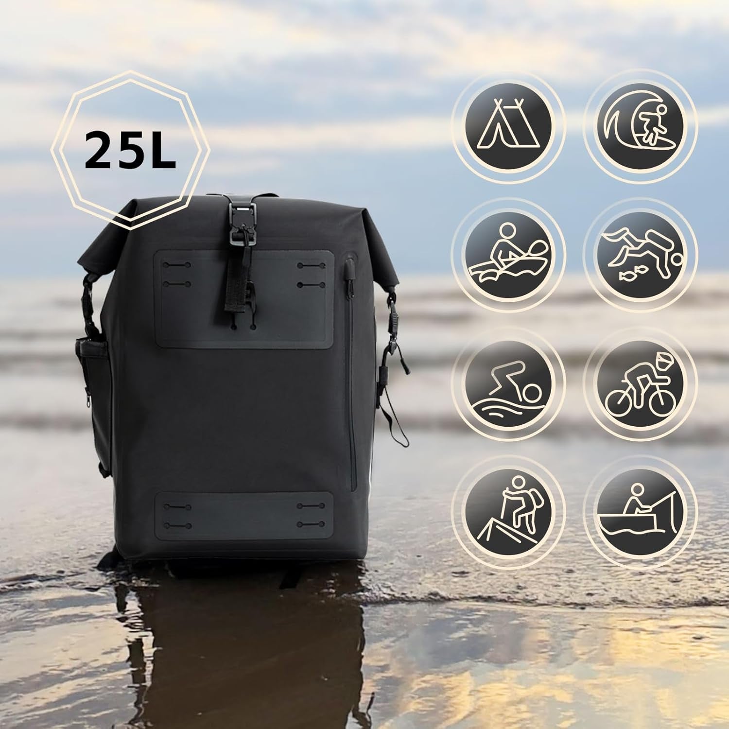 Black Waterproof Backpack 25L - 600D TPU Durable IPX8 Large Dry Bag for Kayaking, Hiking Dry Bag with Roll-Top Closure, Floating Waterproof Dry Backpack for Travel Outdoors, Hiking, Fishing