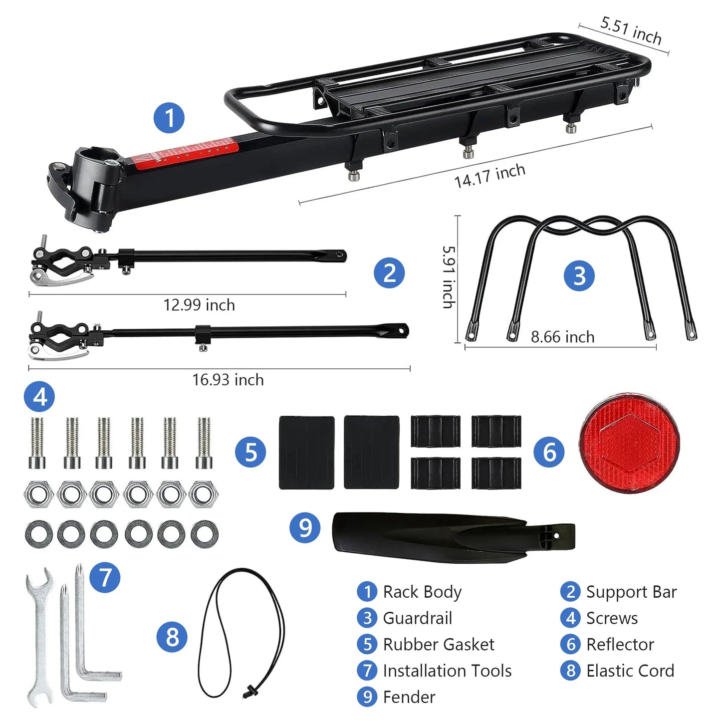 Heavy-Duty Bicycle Rear Luggage Rack -Quick Release, Light Logo, Universal Adjustable for Mountain/Road Bikes - Black