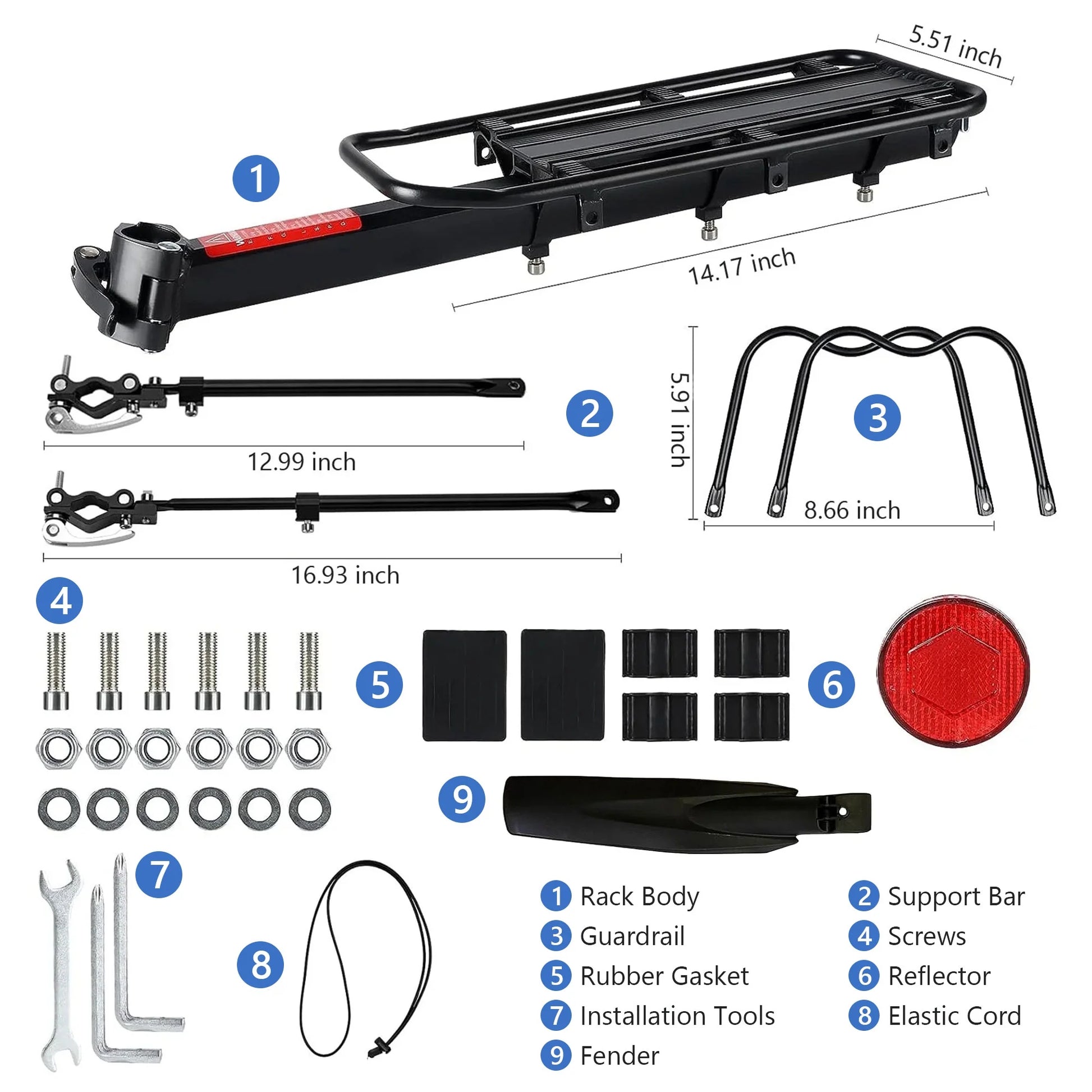 Heavy-Duty Bicycle Rear Luggage Rack -Quick Release, Light Logo, Universal Adjustable for Mountain/Road Bikes - Black