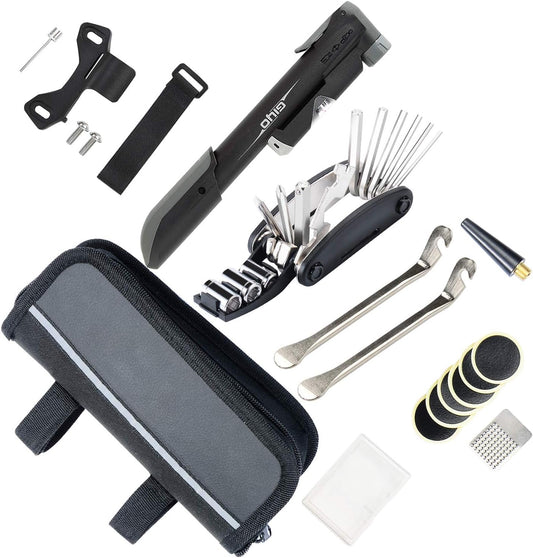 Bike Repair Kits with Pressure Gauge Pump, Mini Bicycle Pump 120 PSI with Smart Valve, Fits Schrader Presta, Bike Flat Tire Repair Tools with Bag (Upgrade Smart Valve + Pressure Gauge)