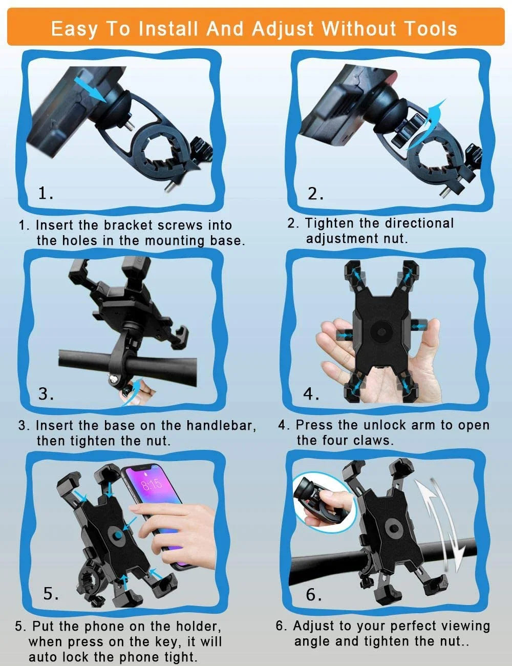 Bike Phone Mount, Easy Install and Quick Release Bicycle -Handlebar Clip for Bicycle Scooter-Motorcycle Handlebar Phone Mount, Bike Phone Holder for Iphone and More 4.7-6.8 Inch Cell Phone (Black)